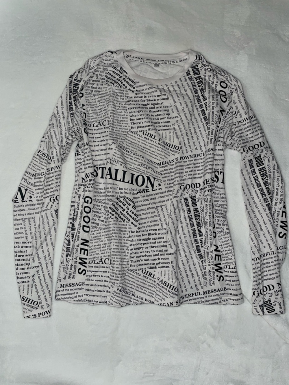 NWOT Megan Thee Stallion Newsprint Long-Sleeve Tee - White/Black Good News BLM